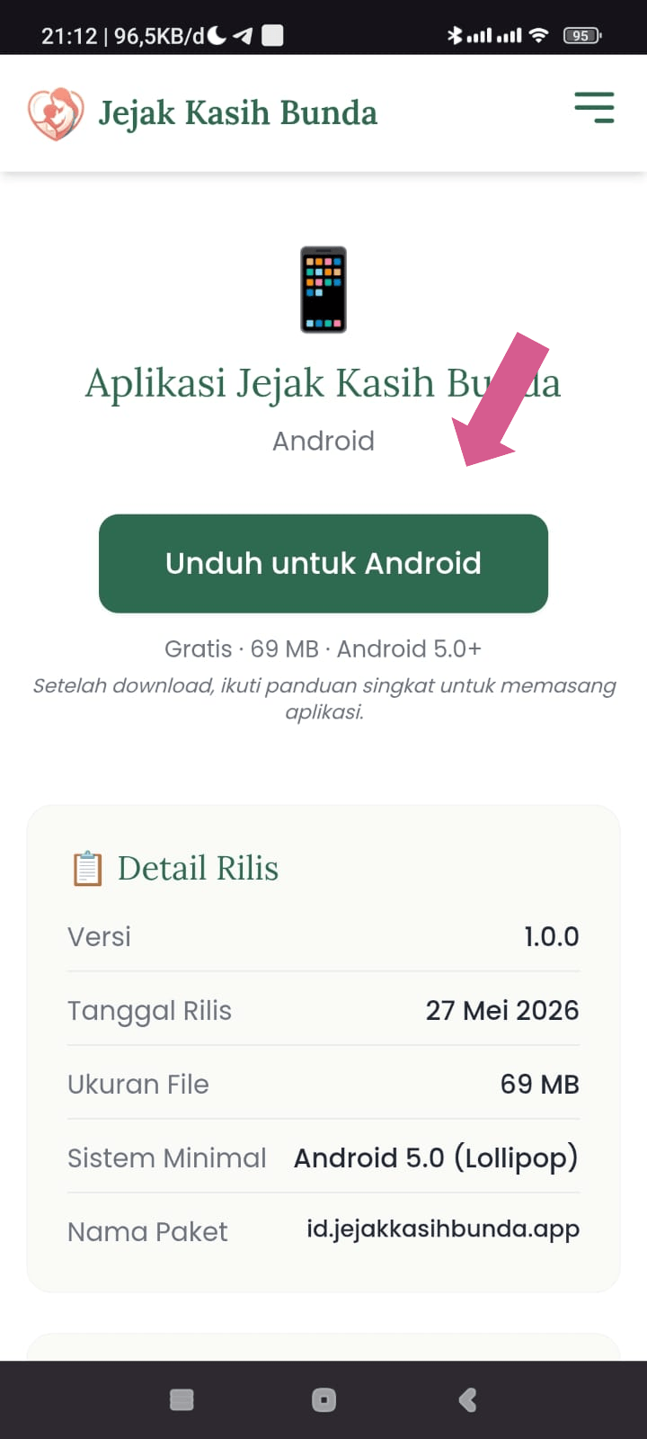 Halaman download Jejak Kasih Bunda di browser HP